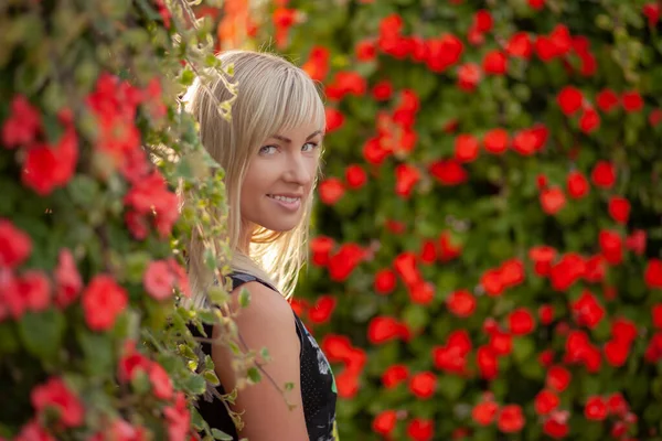 Young Beauty Blond Girl Dark Dress — Stock Photo, Image