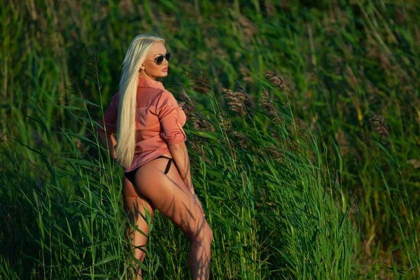 Junges Mädchen Bikini Posiert Vor Dem Hintergrund Von Gras Und — Stockfoto