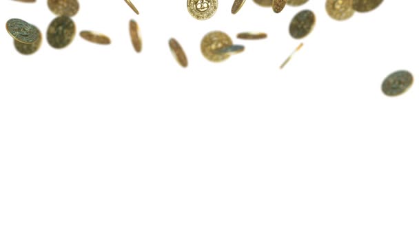 Βροχή από vintage χρυσά νομίσματα. 3D καθιστούν — Αρχείο Βίντεο