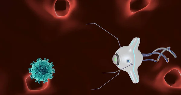 O nanorobot pega e destrói o vírus. Renderização 3D . — Fotografia de Stock