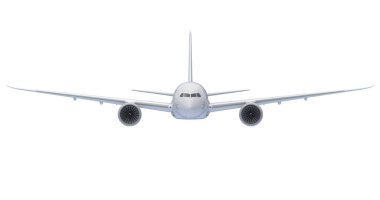 Ticari jet uçağı. 3D render. Önden Görünüm