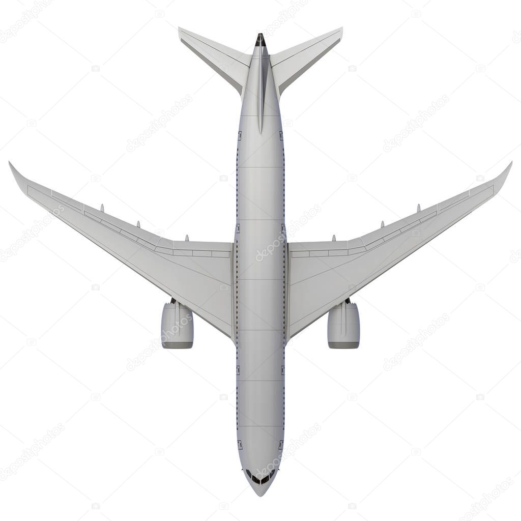 Commercial jet plane. 3D render. View from the top