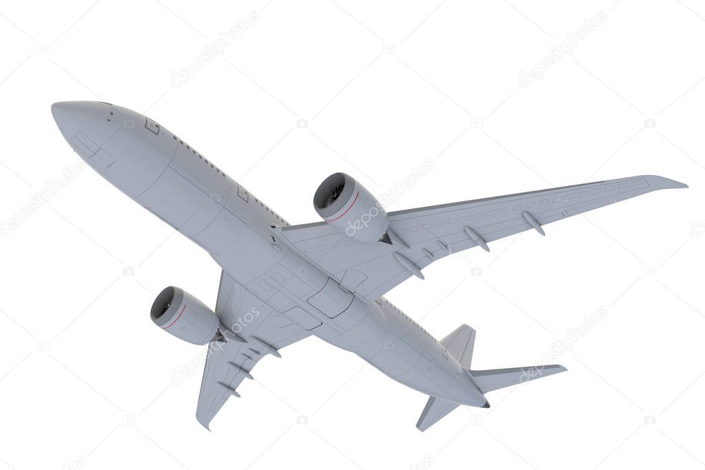 Commercial jet plane. 3D render. Bottom view side view