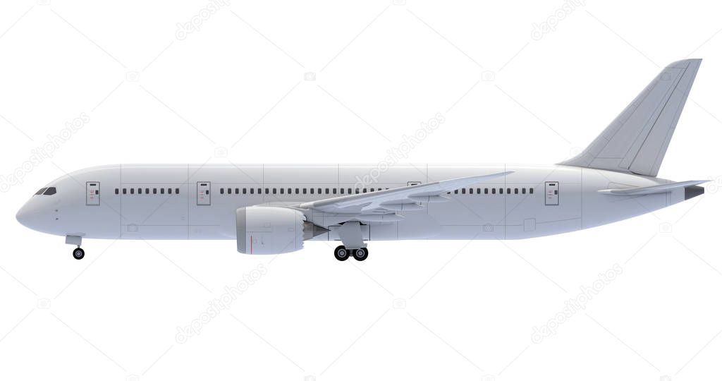 Commercial jet plane. 3D render. Left Side view