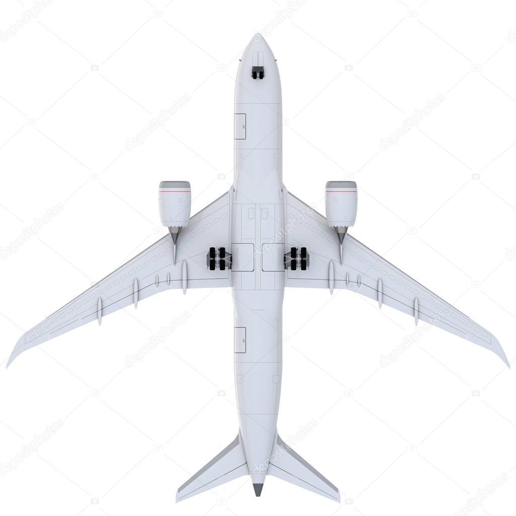 Commercial jet plane. 3D render. Bottom view