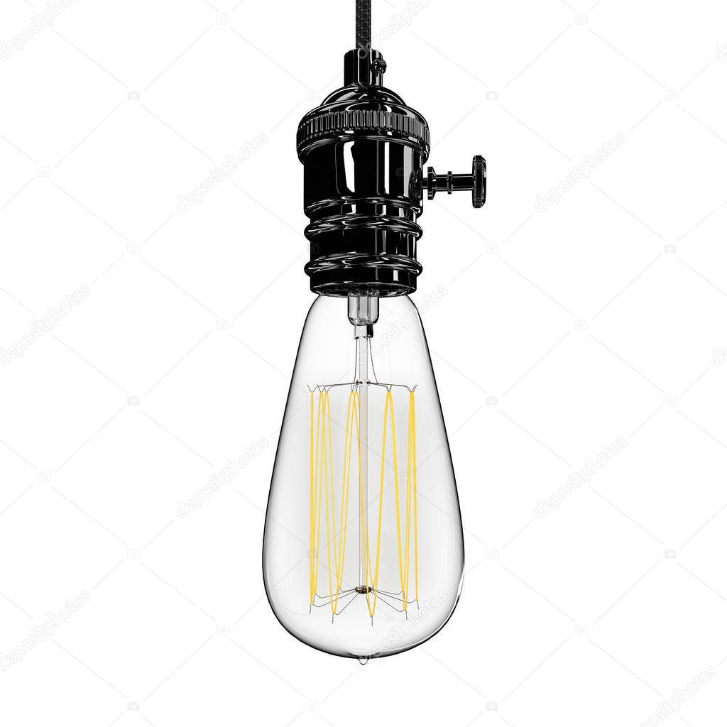 Realistic vintage glowing light bulb. 3D render