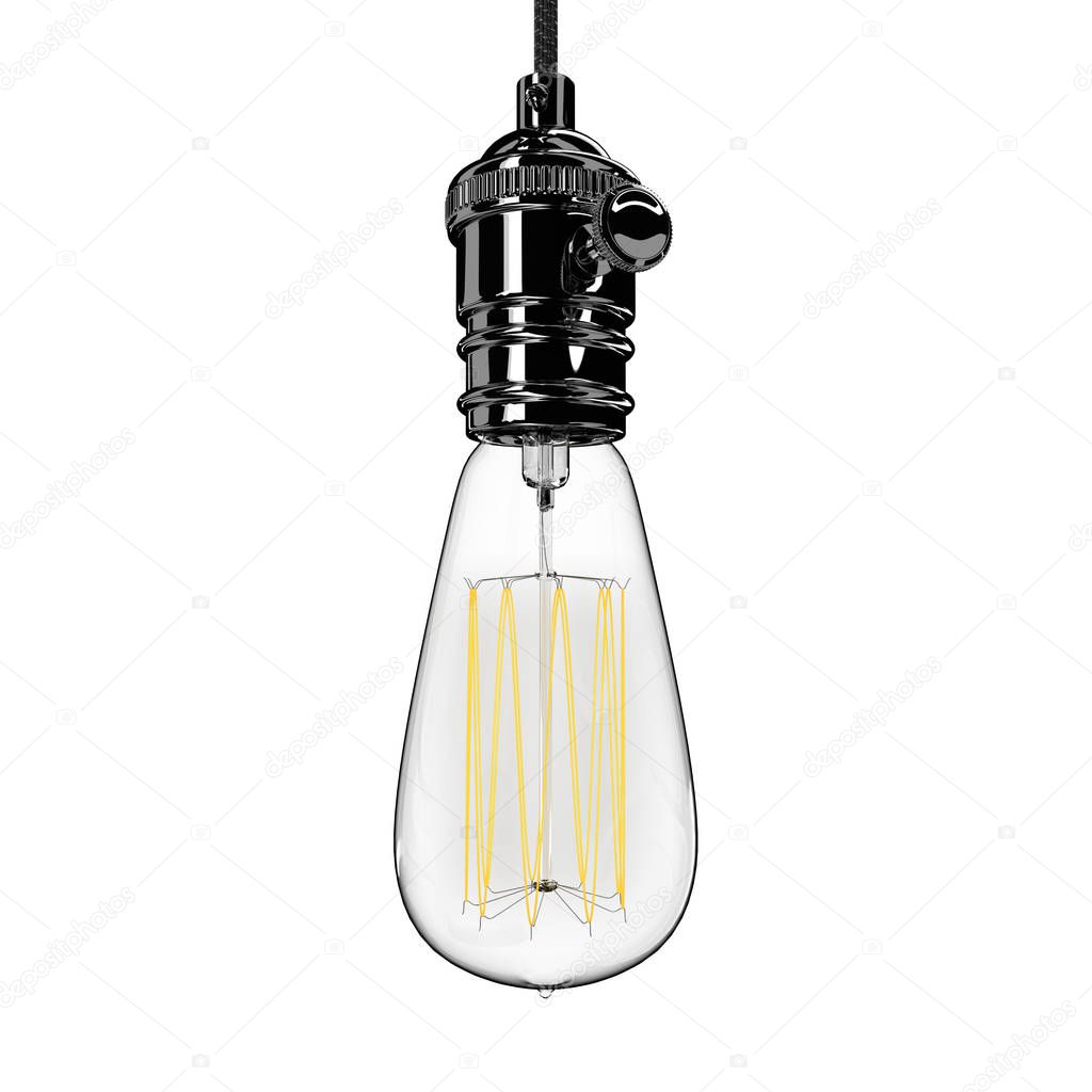 Realistic vintage glowing light bulb. 3D render