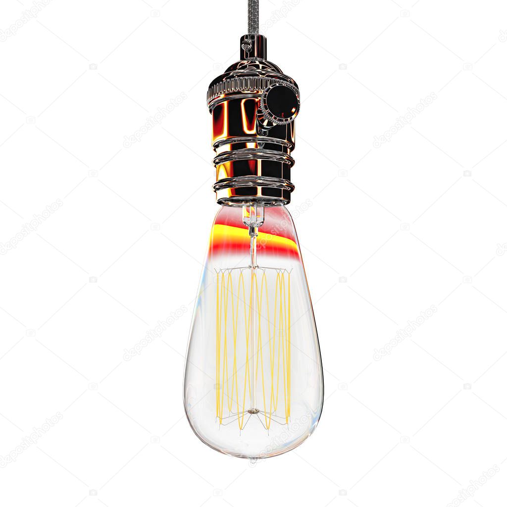 Realistic vintage glowing light bulb. 3D render