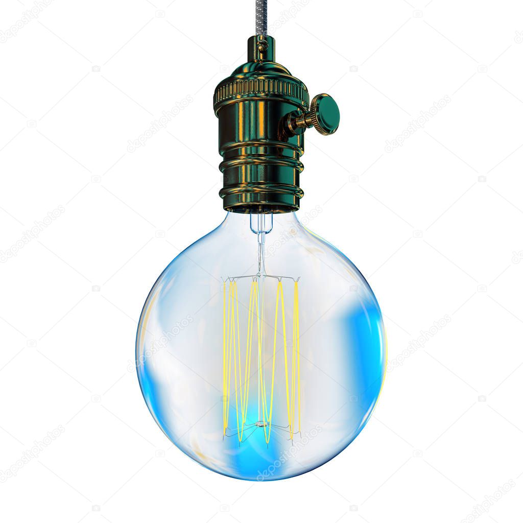 Realistic vintage glowing light bulb. 3D render