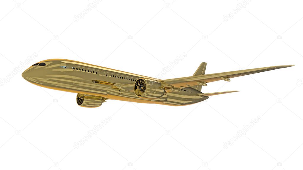 Golden jet airplane isolated. 3d render