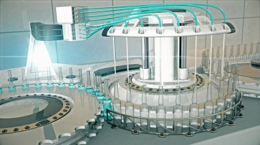 Şişeleri aşı ve ilaçlarla doldurmak için otomatik fabrika makinesi.