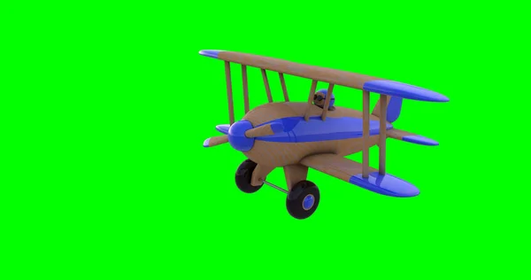 Zboară un avion de jucărie pe un ecran verde. Redare 3D — Fotografie, imagine de stoc