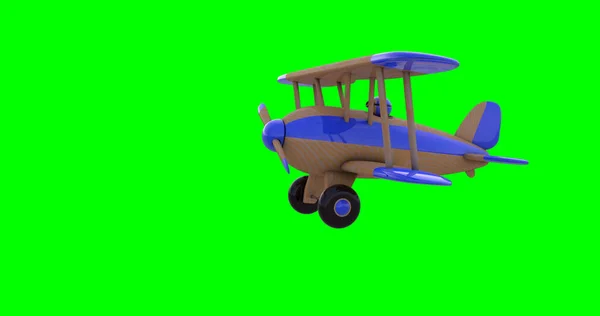 Πετώντας ένα αεροπλάνο παιχνίδι σε μια πράσινη οθόνη. 3D απόδοση — Φωτογραφία Αρχείου