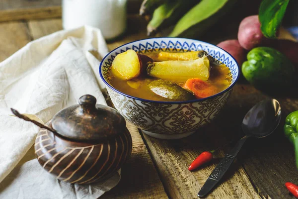 Latin American Vegetable Soup Ingredients Carrot Chayote Sweet Potato Green — Stock Photo, Image