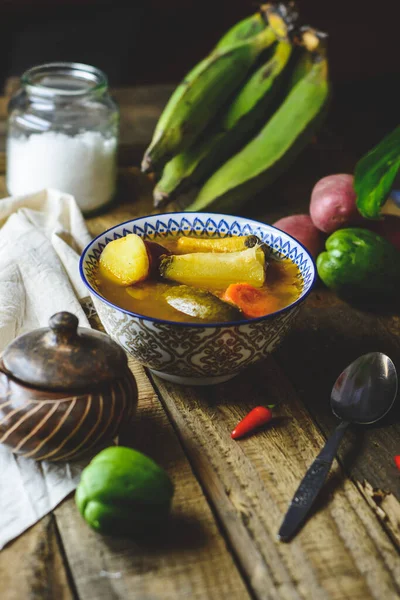 Latin American Vegetable Soup Ingredients Carrot Chayote Sweet Potato Green — Stock Photo, Image