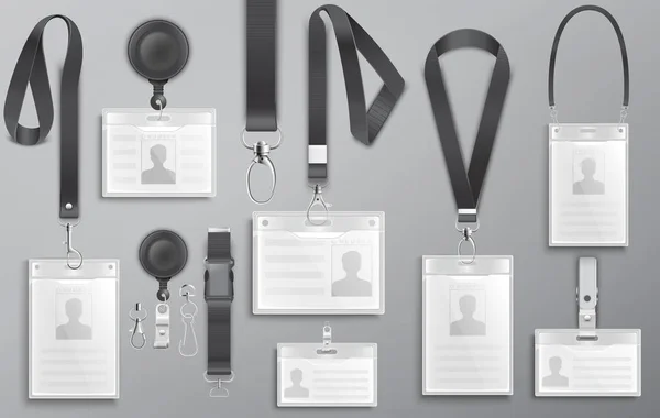 一套切合实际的雇员身分证在黑色吊带带夹子 绳子和扣向量例证 — 图库矢量图片