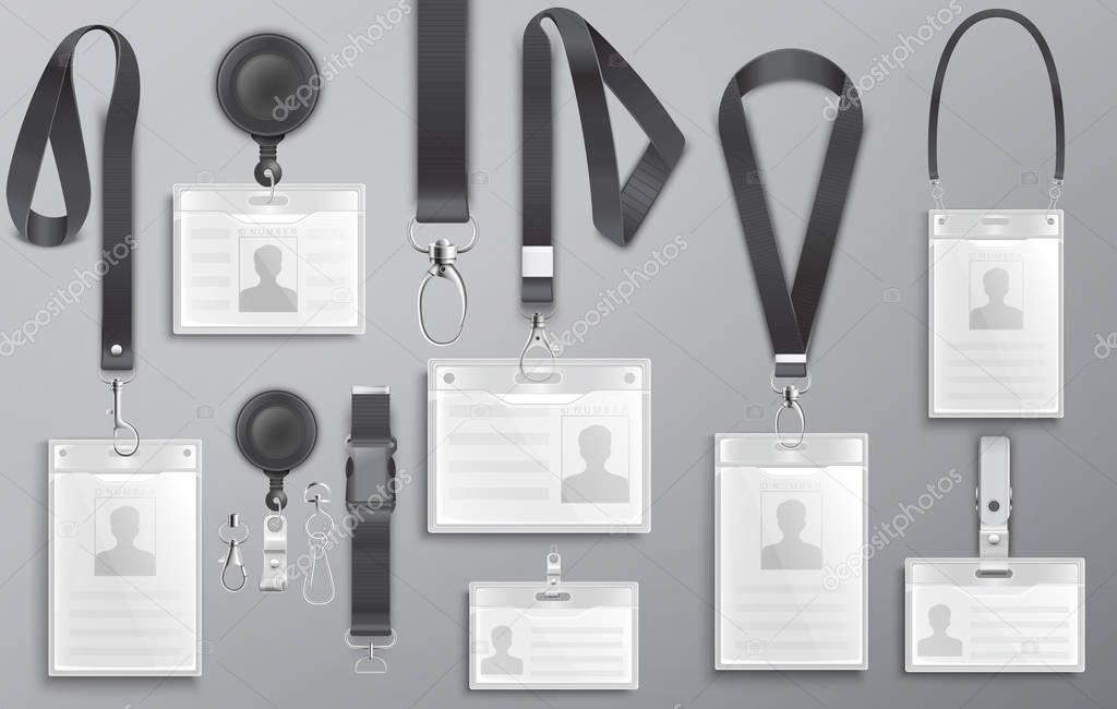 Set of realistic employee identification cards on black lanyards with strap clips, cord and clasps vector illustration