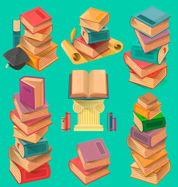 Set Book Stacks Flat Design Vector Illustration — Stock Vector