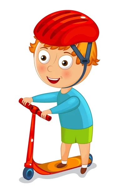 Kleiner Junge Auf Einem Roller Einem Helm Vektor Illustration — Stockvektor