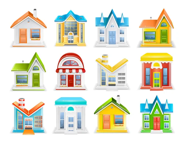 Symbolsatz Von Häusern Und Gebäuden Unterschiedlicher Typen Vektorillustration — Stockvektor