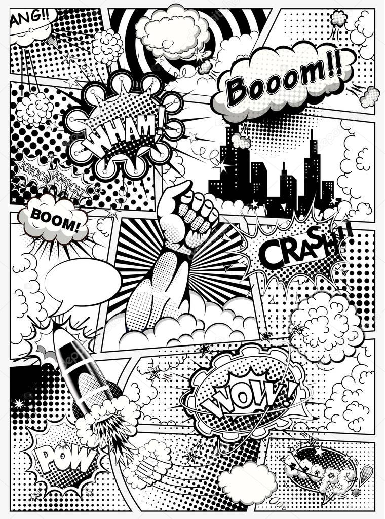 Black and white comic book page divided by lines with speech bubbles, rocket, superhero hand and sounds effect. Vector illustration