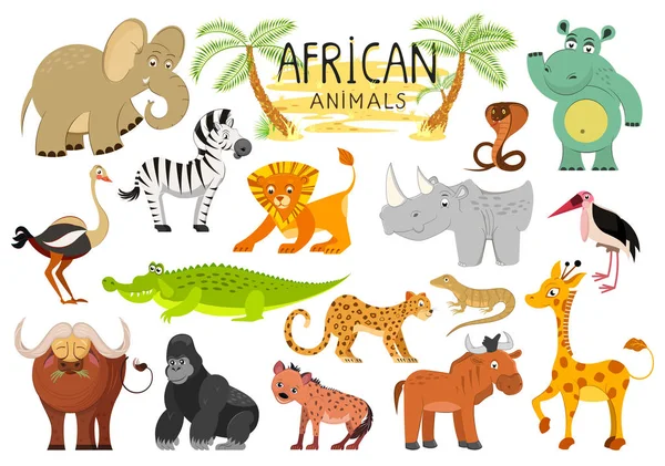 African Animals Collection Isolated White Background Vector Illustration — Stock Vector