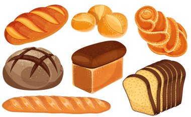 Vektör ekmek simgeler kümesi. Uzun somun, çavdar ekmeği, baget, rulo, beyaz ekmek, dilimlenmiş ekmek, börek.
