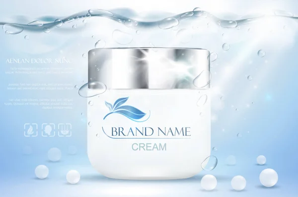 Aqua Nemlendirici Krem Kozmetik Reklam Gerçekçi Sualtı Mavi Şablonu Cilt — Stok Vektör