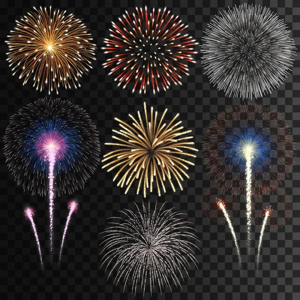 Gran Conjunto Fuegos Artificiales Vectoriales Aislados Sobre Fondo Transparente — Vector de stock