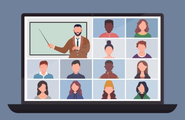 Online Sınıf. Öğrenciler ya da öğrenciler evde bilgisayarla çalışıyor. Okulda kal ve telekonferansla evden bir şeyler öğren. Coronavirus karantinası sırasında dizüstü bilgisayardan video konferansı. Uzaklık eğitimi kavramı vektör illüstrasyonu