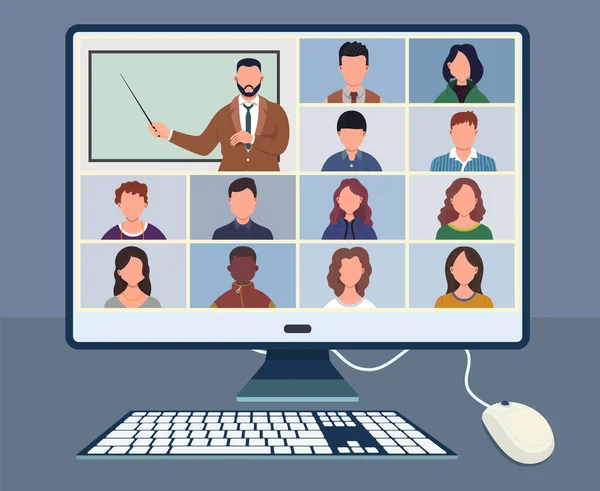 Online Sınıf Öğrenciler Öğrenciler Evde Bilgisayarla Çalışıyor Okulda Kal Telekonferansla — Stok Vektör