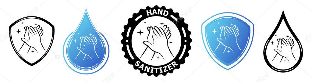 Hand sanitizer label with shield and water drop logo. Vector antiseptic symbols. Medical antibacterial alcohol hand wash. Healthy safe product package tag. Disease prevention. 