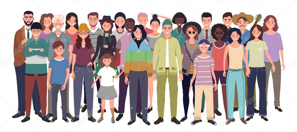 Multinational group of people isolated on white background. Children, adults and teenagers stand together. Vector illustration 