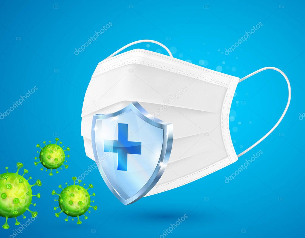 Medical mask protects against viruses, germs and bacteria. Protection from saliva, mucus and dust. Vector illustration.