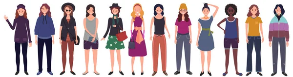 Vrouwen Gekleed Trendy Casual Kleding Platte Cartoon Vector Illustratie — Stockvector