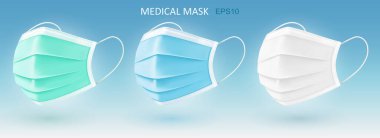 Gerçekçi tıbbi yüz maskeleri 3 boyutlu izole vektör çizimi. Tek kullanımlık tıbbi solunum maskesi. Covid-19, hastalık ve kirlilik koruması. 