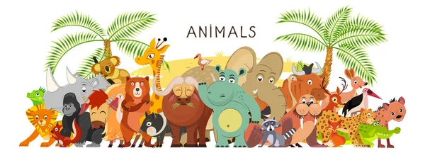 Gran Grupo Animales Estilo Plano Dibujos Animados Unen Fauna Mundial — Vector de stock