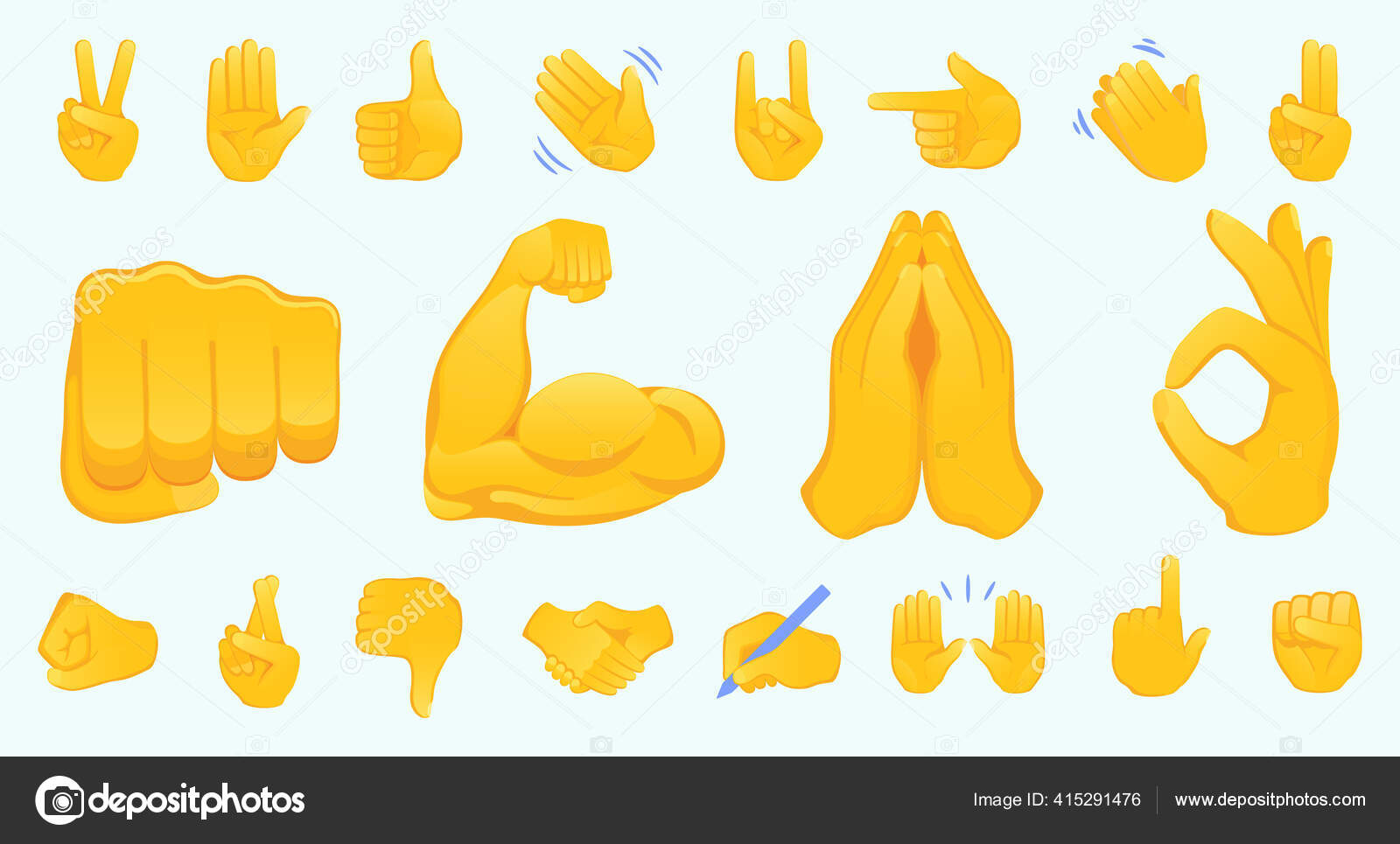 Hand gesture emojis icons collection. Handshake, biceps, applause, thumb,  peace, rock on, ok, folder hands gesturing. Set of different emoticon hands  isolated vector illustration., Stock vector