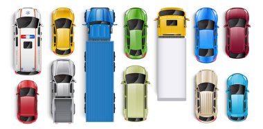 Araba ve kamyon vektör koleksiyonunun üst görünümü