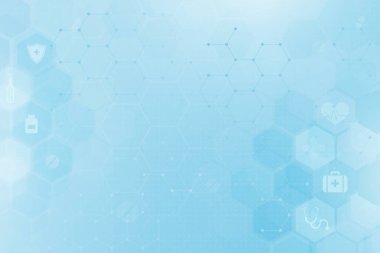 Stetoskop, kalp ve ilk yardım seti gibi sağlık sembolleri içeren soyut tıbbi mavi arka plan. Sağlık ve teknoloji temaları vektör illüstrasyonu.