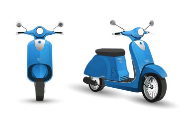 Mavi retro scooter ön ve yan görüş. İzole vektör illüstrasyonu