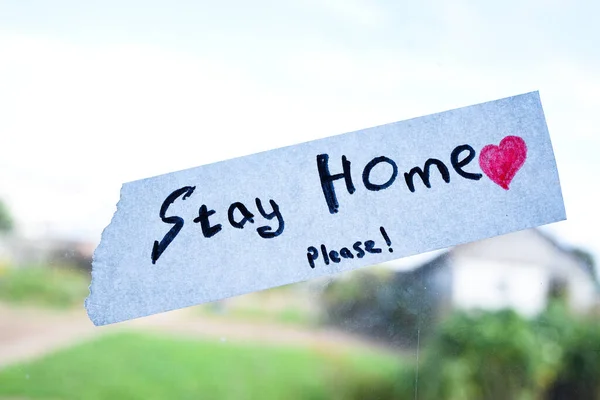 Sign Says Stay Home Red Heart Window Call Stay Home — Stock Photo, Image