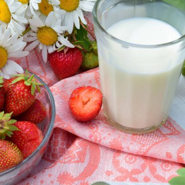 Hafif havluyla taze süt, çilek ve kır tarzında papatyalar. Çilek ve bir bardak süt.