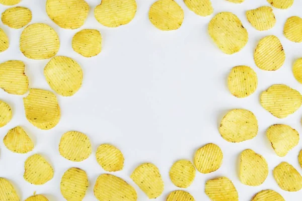 Potatischips Lätt Bakgrundsbild Uppifrån Begreppet Skadlig Kost Kopiera Utrymme — Stockfoto