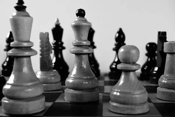 Black White Wooden Chess Pieces Beautifully Photographed Monochrome Indoor Play — Stock Photo, Image