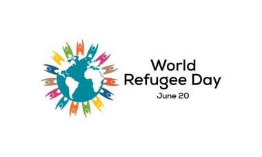 Her yıl 20 Haziran 'da gözlemlenen Dünya Mülteciler Günü konulu vektör illüstrasyonu, dünyanın dört bir yanındaki mültecilerin durumu hakkında farkındalığı artırmaya adanmıştır..