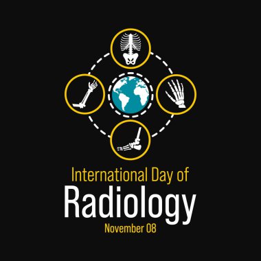 Uluslararası Radyoloji Günü, tıbbi görüntülemenin modern sağlık hizmetlerindeki rolünü destekleyen yıllık bir etkinliktir. Her yıl 8 Kasım 'da kutlanır. Vektör illüstrasyonu.