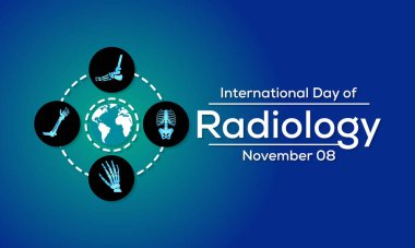 Uluslararası Radyoloji Günü, tıbbi görüntülemenin modern sağlık hizmetlerindeki rolünü destekleyen yıllık bir etkinliktir. Her yıl 8 Kasım 'da kutlanır. Vektör illüstrasyonu.