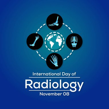 Uluslararası Radyoloji Günü, tıbbi görüntülemenin modern sağlık hizmetlerindeki rolünü destekleyen yıllık bir etkinliktir. Her yıl 8 Kasım 'da kutlanır. Vektör illüstrasyonu.