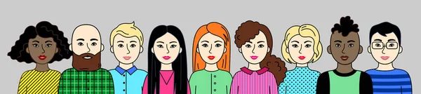 Groupe Personnes Hommes Femmes Différentes Nations Couleurs Peau Cheveux Ensemble — Image vectorielle